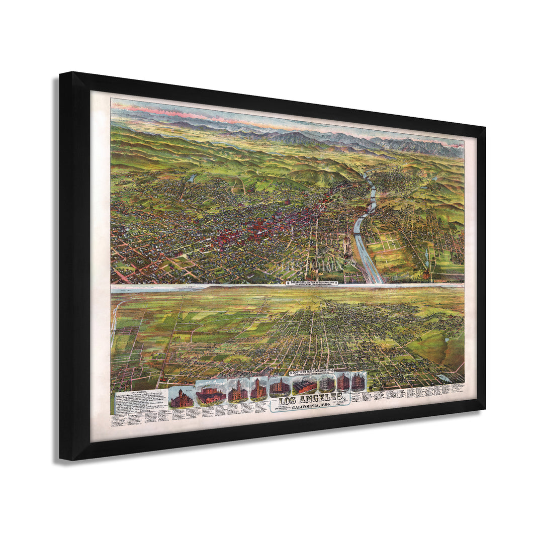 Digitally Restored and Enhanced 1894 Los Angeles Map Poster - Framed Vintage Map of Los Angeles California - Old Los Angeles Wall Art - Bird's Eye View of Los Angeles City Map Print