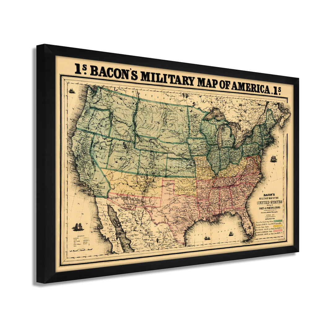 Digitally Restored and Enhanced 1862 USA Map Poster - Framed Vintage Map of USA Wall Art - Old United States Map Print - Restored Bacon's Military Map of the United States of America