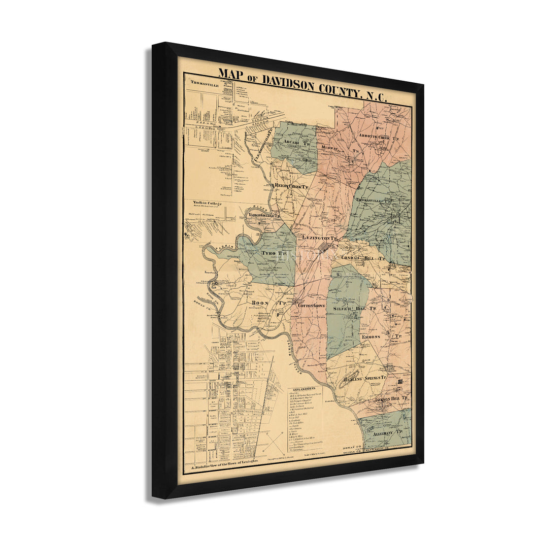 Digitally Restored and Enhanced 1890 Davidson County North Carolina Map Print - Framed Vintage Map of Davidson County North Carolina Wall Art - Old Davidson NC Map Poster