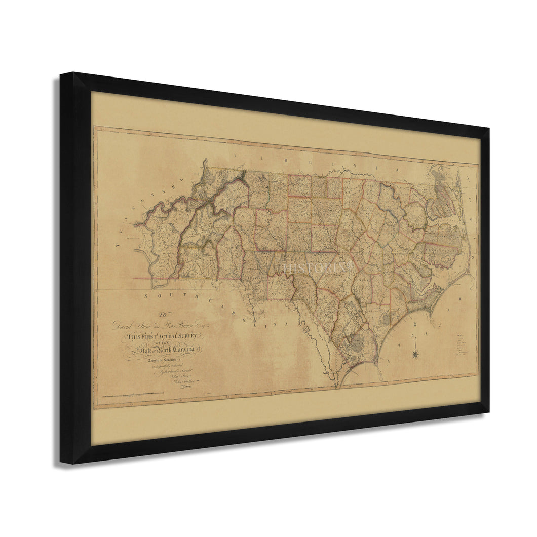Digitally Restored and Enhanced 1808 State Map of North Carolina - Black Framed Vintage Wall Map of North Carolina - Old NC Map Poster - First Actual Survey of North Carolina Wall Art