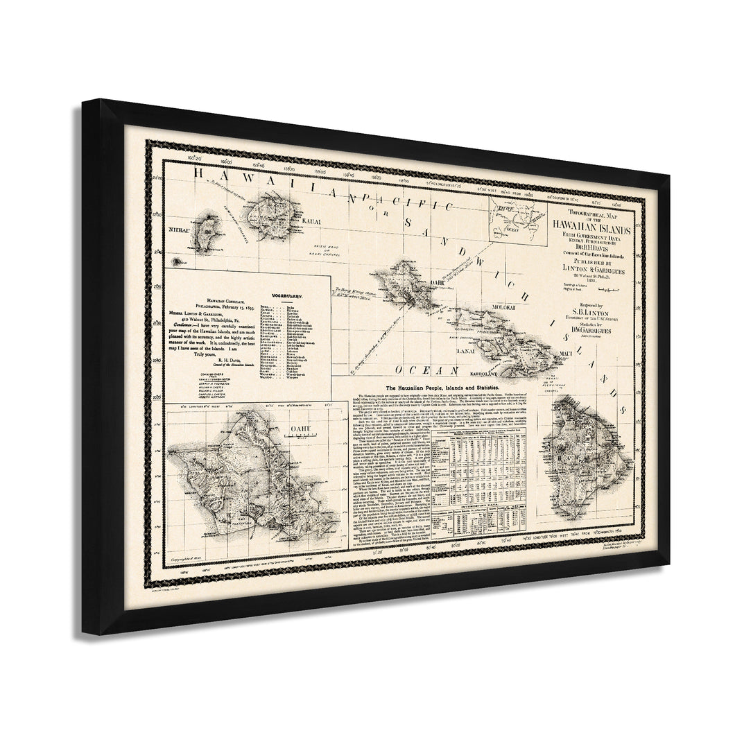 Digitally Restored and Enhanced - 1893 Hawaiian Islands Map Poster - Framed Vintage Map of Hawaiian Islands Wall Art - Restored Hawaiian Map - Topographical Map of The Hawaiian Islands