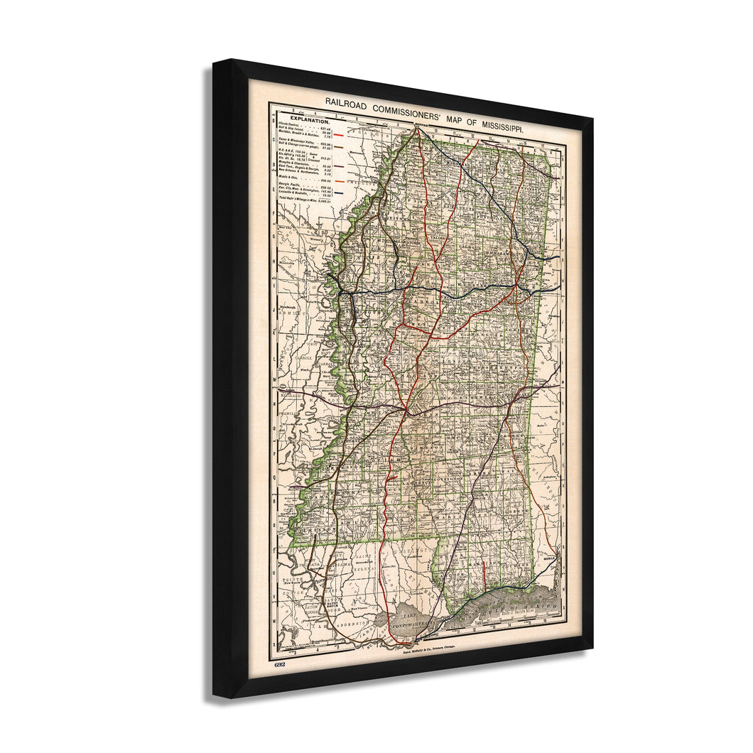 Digitally Restored and Enhanced 1888 Mississippi Map - Framed Vintage Mississippi State Map - Old Mississippi Road Map - Railroad Commissioner's State Map of Mississippi Wall Art Poster Print