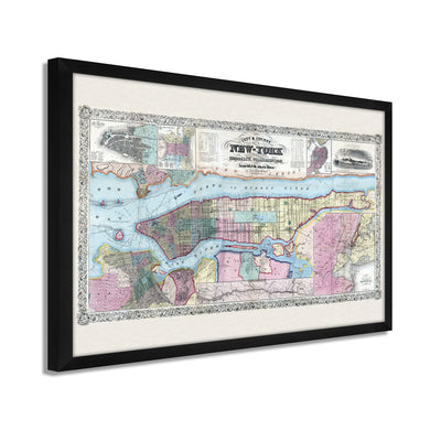 Digitally Restored and Enhanced 1857 Map of New York State Poster -Framed Vintage New York Map Art - Restored Map of NY - Old New York Wall Art - Historic New York State Map Print