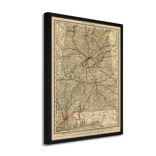 Digitally Restored and Enhanced 1888 Map of Alabama - Framed Vintage Alabama Map - Old Alabama Wall Art - Historic State of Alabama Map Print ​- Restored Wall Map of Alabama Poster