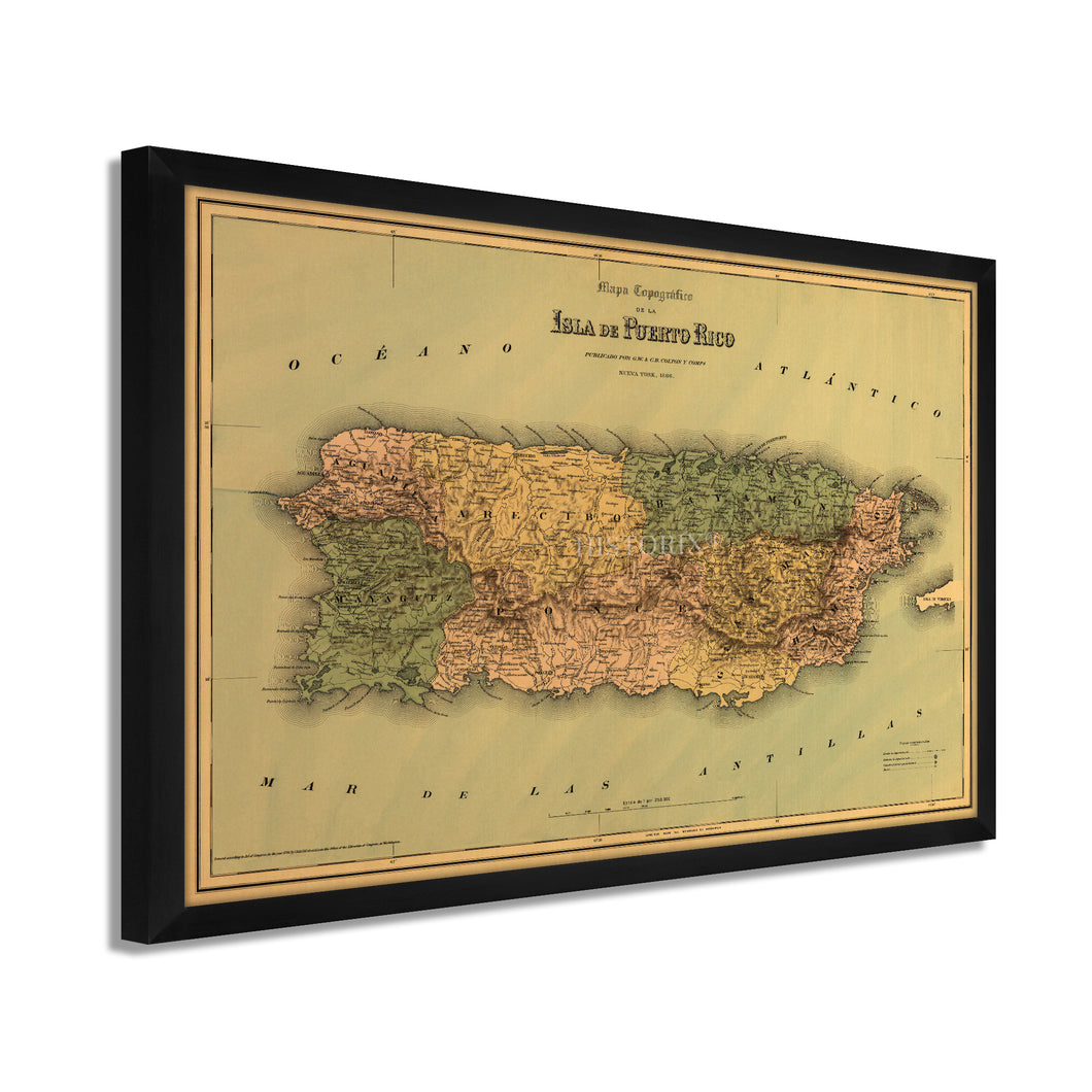 Digitally Restored and Enhanced 1886 Puerto Rico Map Poster - 17x25 Inch Black Framed Vintage Map of Puerto Rico Wall Art - Old Mapa de Puerto Rico - Restored Wall Map of Puerto Rico Poster