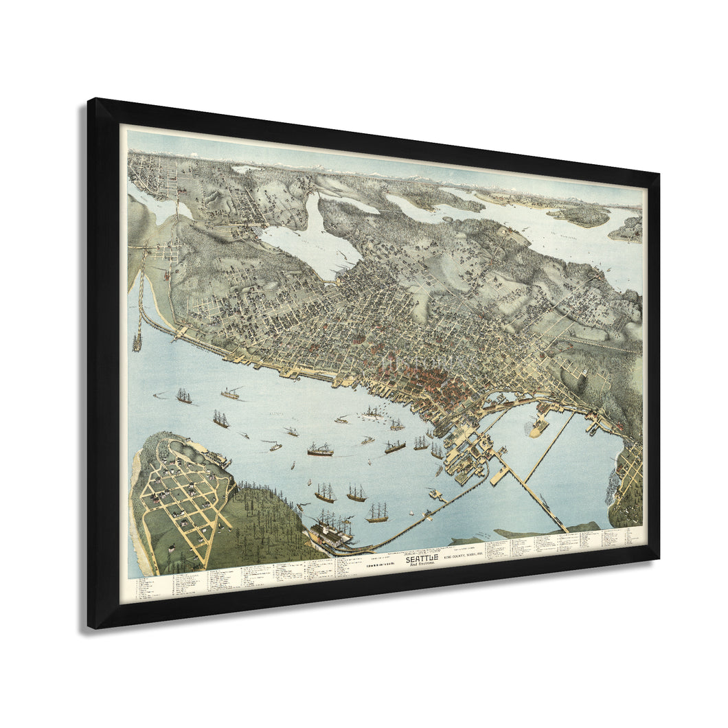 Digitally Restored and Enhanced 1891 Seattle Map Poster - Framed Vintage Seattle Map Wall Art - Old Seattle Map Art - Bird's Eye View of Seattle & Environs King County Washington