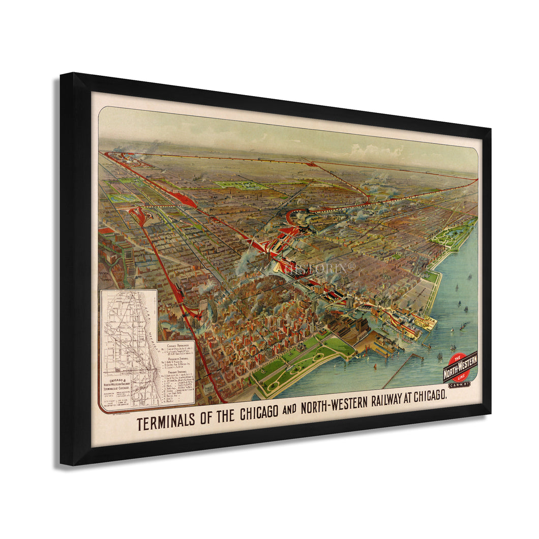Digitally Restored and Enhanced 1902 Chicago Map Art - Framed Vintage Chicago Map - Old Poster of Chicago Map Print - Terminals of the Chicago & North Western Railway Map Wall Art