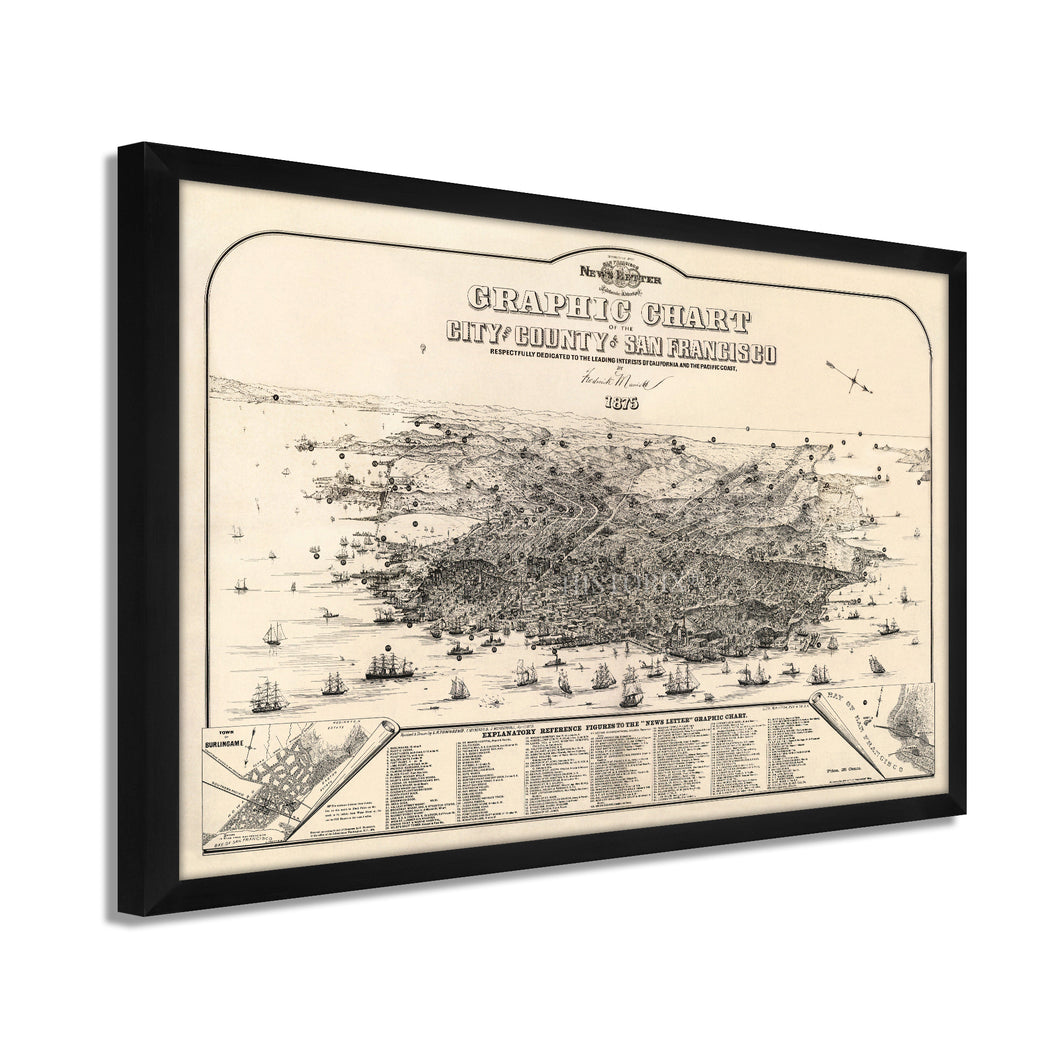 Digitally Restored and Enhanced 1875 San Francisco Map - Framed Vintage San Francisco City Map Poster - Bird's Eye View Graphic Chart of the City & County of San Francisco Wall Art