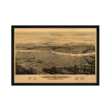 Load image into Gallery viewer, Digitally Restored and Enhanced 1879 Portland Oregon Map Print - Framed Vintage Portland Map - Old Bird&#39;s Eye View of Map of Portland City Wall Art Indexed for Points of Interest
