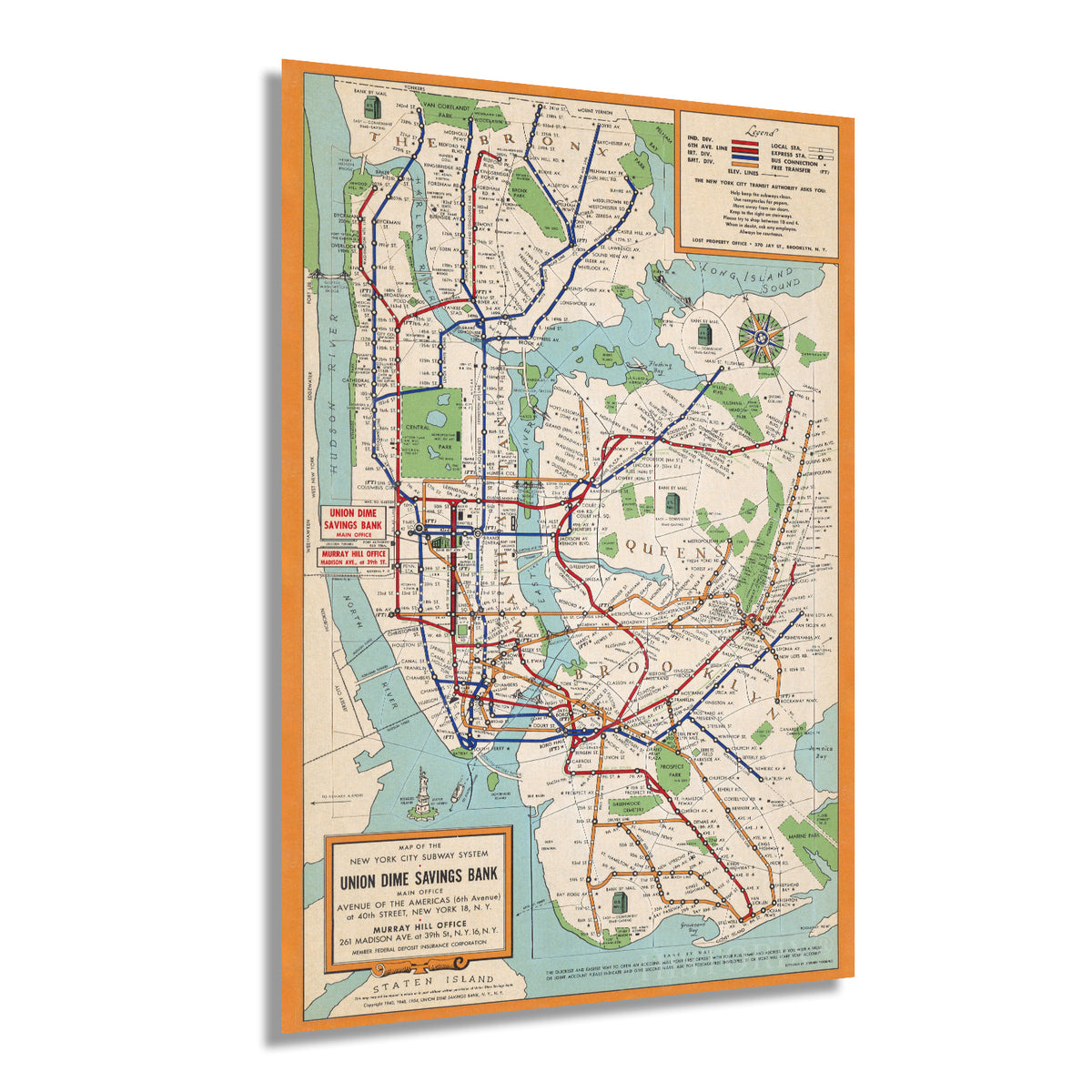 絵画 DART SUBWAY MAP POSTER 1954 New York City Subway System Map Wall Art Print