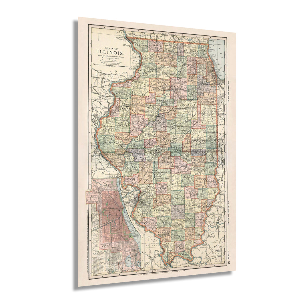 Digitally Restored and Enhanced 1891 Map of Illinois with Closeup of City of Chicago - Vintage Map of Illinois Wall Art - Illinois State Map - Illinois Wall Decor - Map of Illinois Poster