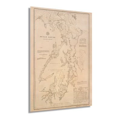 Digitally Restored and Enhanced 1889 Puget Sound Map - Vintage Map of Puget Sound Washington Wall Art - Includes Vintage Nautical Charts and Washington Lighthouses