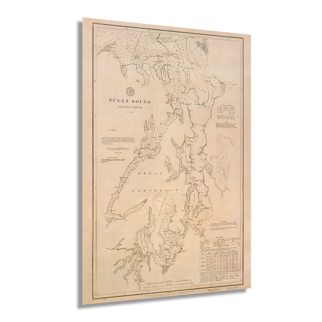 Digitally Restored and Enhanced 1889 Puget Sound Map - Vintage Map of Puget Sound Washington Wall Art - Includes Vintage Nautical Charts and Washington Lighthouses