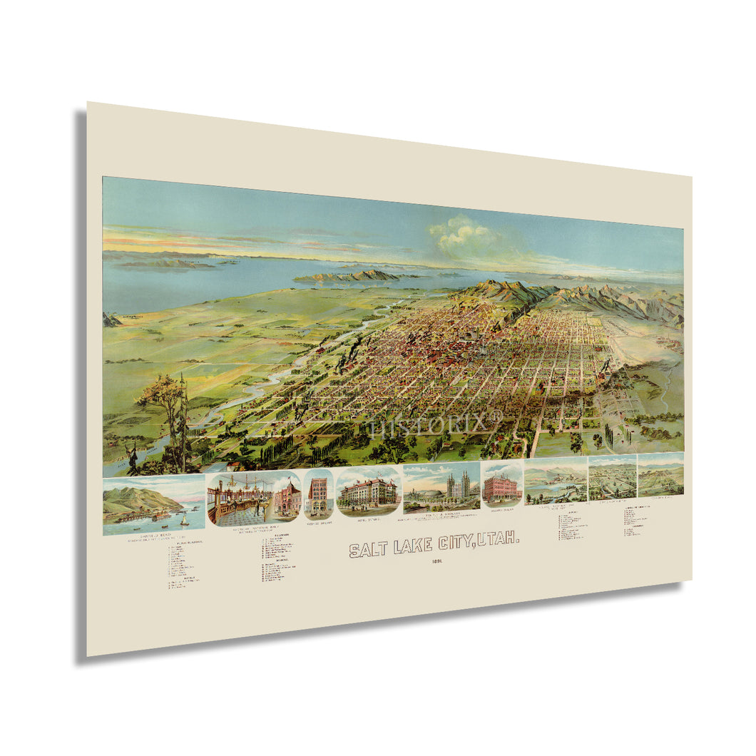 Digitally Restored and Enhanced 1891 Salt Lake City Utah Map - Salt Lake City Wall Art - Old Bird's Eye View of Salt Lake City Utah Wall Map Poster