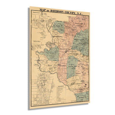 Digitally Restored and Enhanced - 1890 Map of Davidson County North Carolina -Vintage Map Wall Art - Davidson County Map Showing Townships, Sites, Natural Features and Names of Landowners