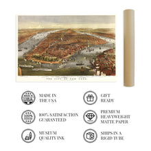 Load image into Gallery viewer, Digitally Restored and Enhanced - 1870 Map of New York City Poster -Vintage Map Wall Art - Panoramic New York City Wall Map - NYC Vintage Map - Vintage New York Poster - NYC Map Wall Art
