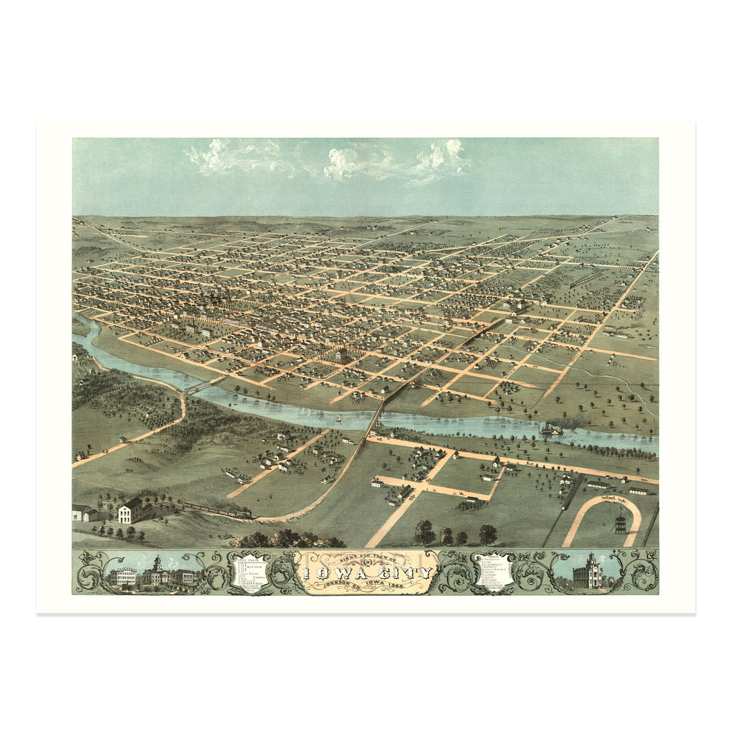 Digitally Restored and Enhanced 1868 Iowa City Map - Bird's Eye View History Map of Iowa Poster - Old Iowa City Johnson County Iowa Map Poster Print