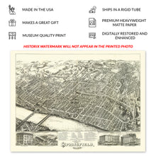 Load image into Gallery viewer, Digitally Restored and Enhanced 1875 Springfield Massachusetts Map Print - Old Bird&#39;s Eye View Map of Springfield Massachusetts Wall Art Poster
