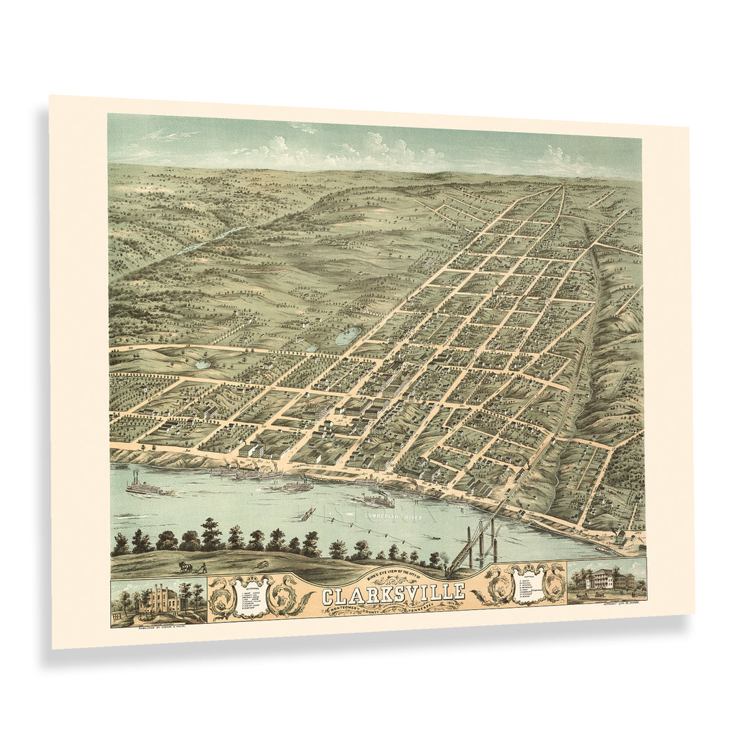 Digitally Restored and Enhanced 1870 Clarksville Tennessee Map Print - Old Bird's Eye View of Clarksville Montgomery County Tennessee Wall Map Poster