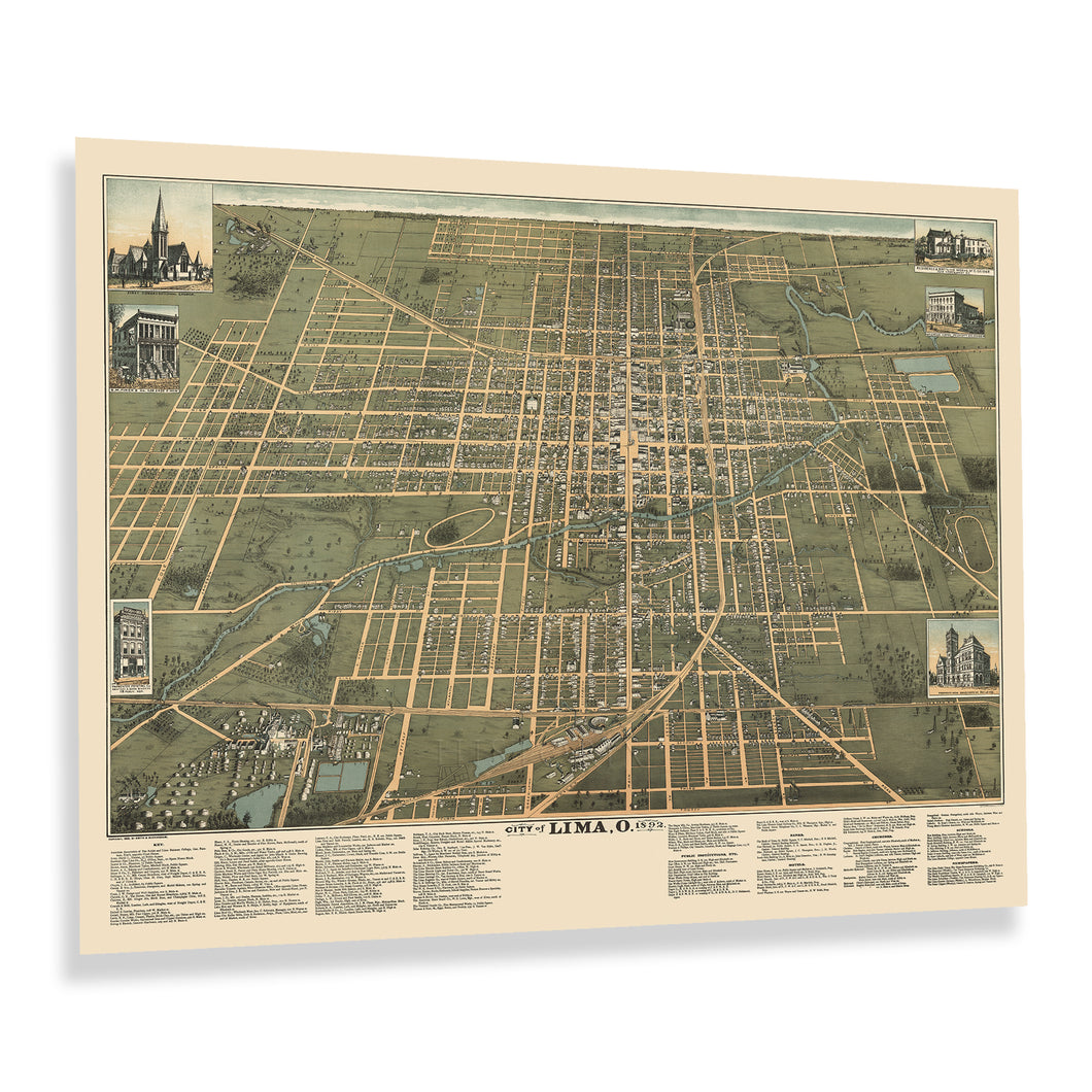 Digitally Restored and Enhanced 1892 Lima Ohio Map Poster - Vintage Bird's Eye View of Lima Ohio Wall Art Print - Old Lima City Ohio Wall Map Poster