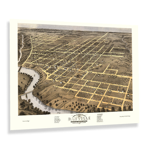 Digitally Restored and Enhanced 1869 Danville Illinois Map Poster - Historic Bird's Eye View of Danville Vermillion County Map of Illinois Poster Print