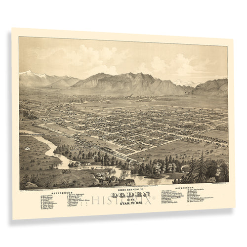 Digitally Restored and Enhanced 1875 Ogden Utah Map Poster - Old Bird's Eye View Map of Ogden City Utah - Restored History Map of Utah Wall Art Print