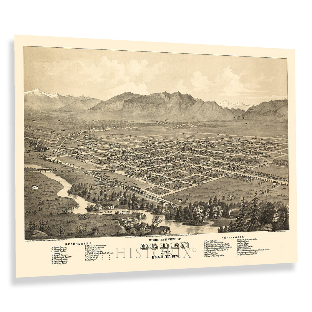 Digitally Restored and Enhanced 1875 Ogden Utah Map Poster - Old Bird's Eye View Map of Ogden City Utah - Restored History Map of Utah Wall Art Print