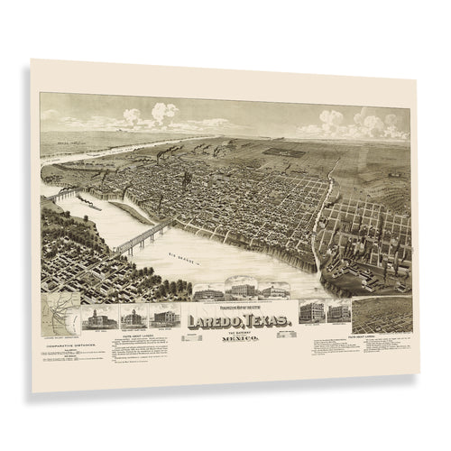 Digitally Restored and Enhanced 1892 Laredo Texas Map Print - Old Perspective Map of Laredo Texas Gateway to Mexico - Vintage Texas Map Wall Art Poster