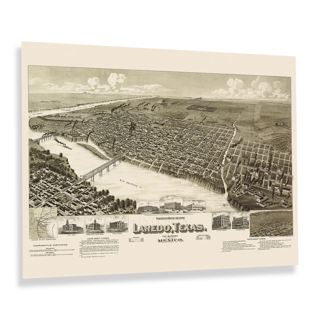 Digitally Restored and Enhanced 1892 Laredo Texas Map Print - Old Perspective Map of Laredo Texas Gateway to Mexico - Vintage Texas Map Wall Art Poster