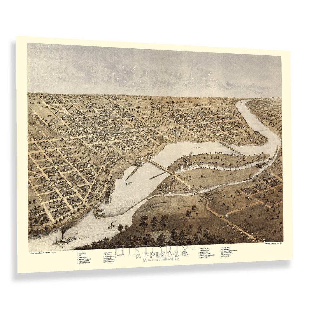 Digitally Restored and Enhanced 1867 Appleton Wisconsin Map Poster - Inch Historic Bird's Eye View of Appleton Outagamie County Map of Wisconsin Wall Art Print