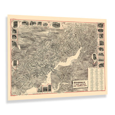 Digitally Restored and Enhanced 1899 Norwalk Connecticut Map Poster - Old Bird's Eye View of Norwalk South Norwalk & East Norwalk Connecticut Map Wall Art