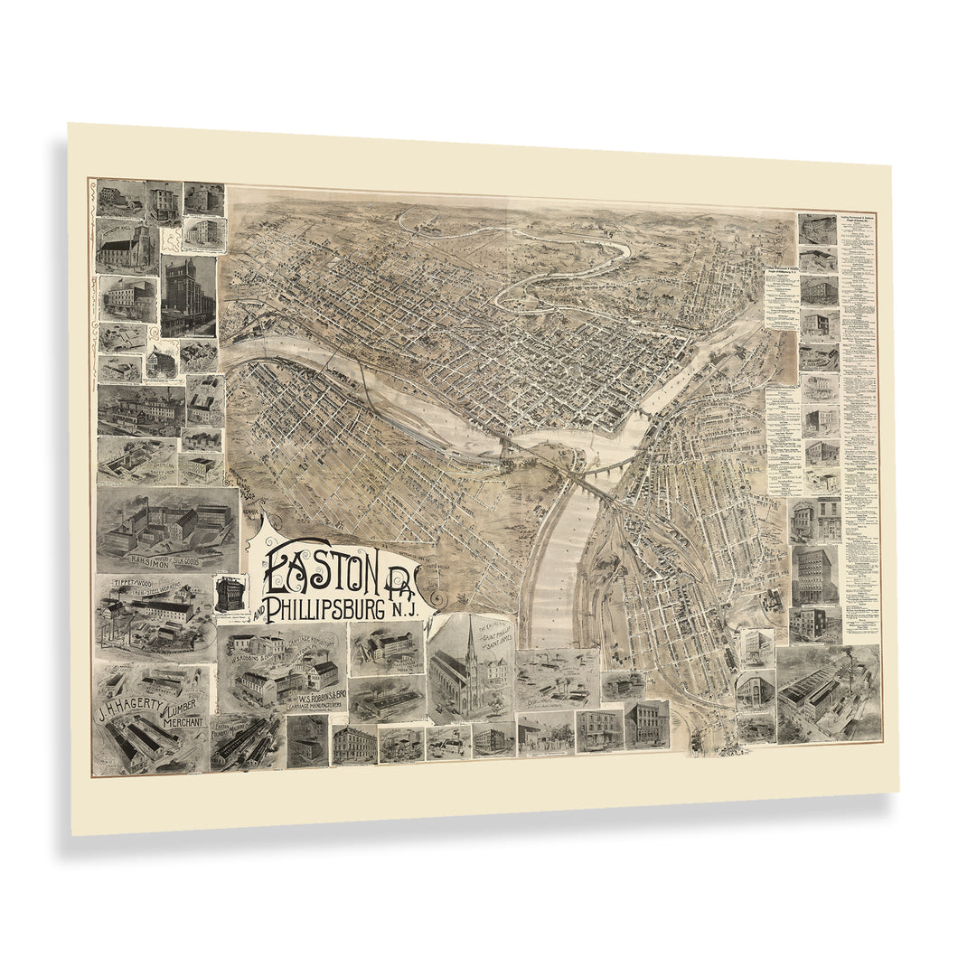 Digitally Restored and Enhanced 1900 Easton Pennsylvania & Phillipsburg New Jersey Map Print - Bird's Eye View of Easton PA & Phillipsburg NJ Map Poster