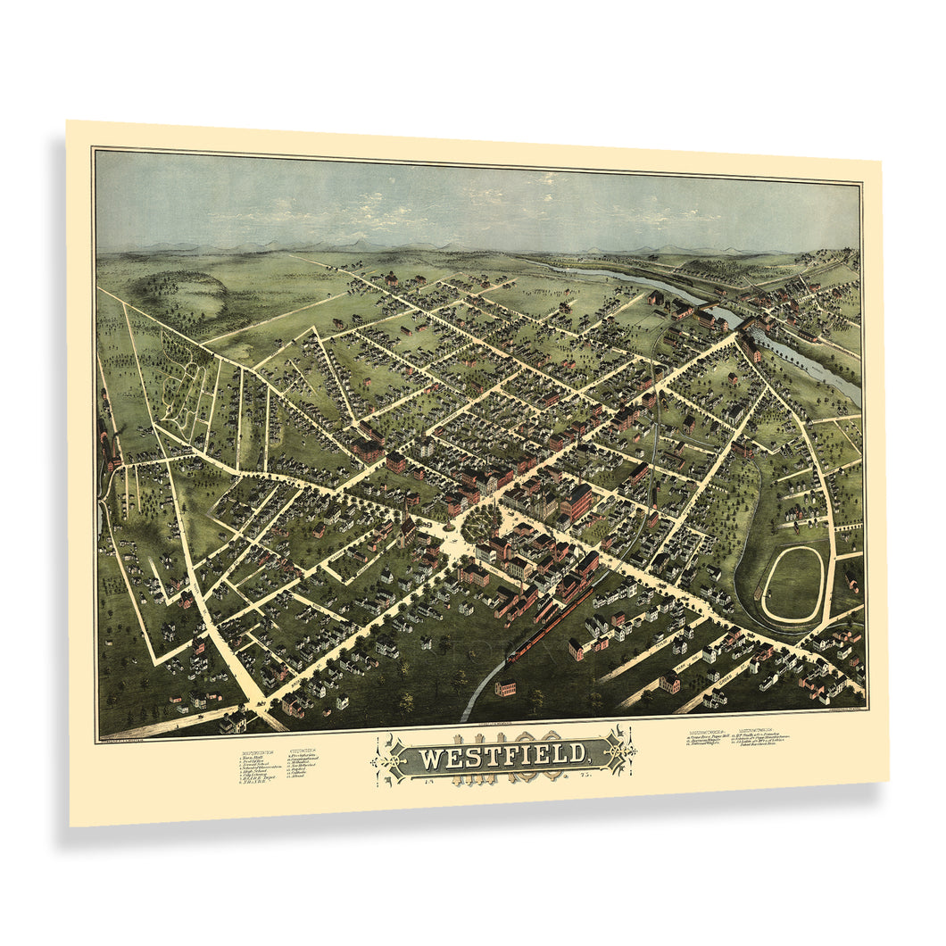 Digitally Restored and Enhanced 1875 Westfield Massachusetts Map Print - Old Bird's Eye View of Westfield Massachusetts Poster - Westfield MA Map History