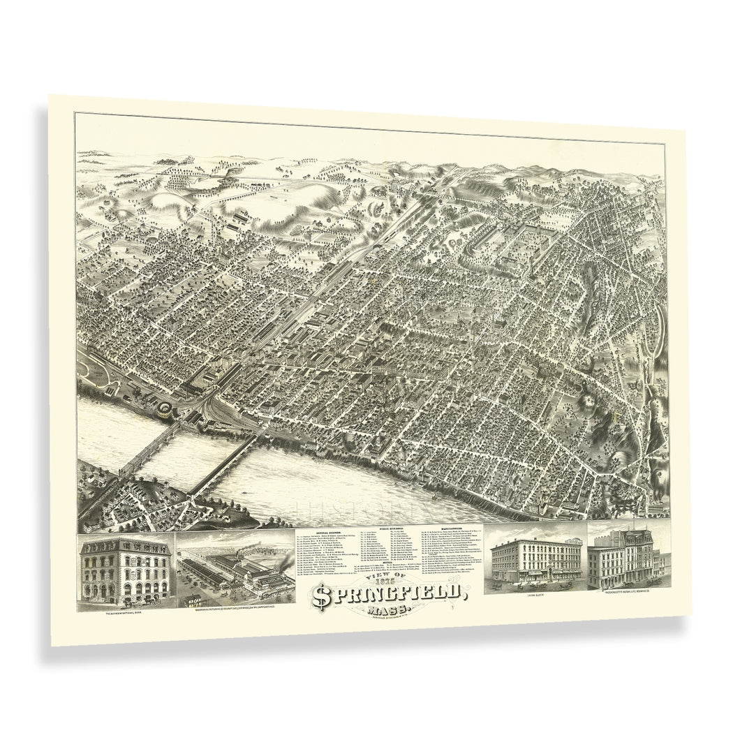 Digitally Restored and Enhanced 1875 Springfield Massachusetts Map Print - Old Bird's Eye View Map of Springfield Massachusetts Wall Art Poster