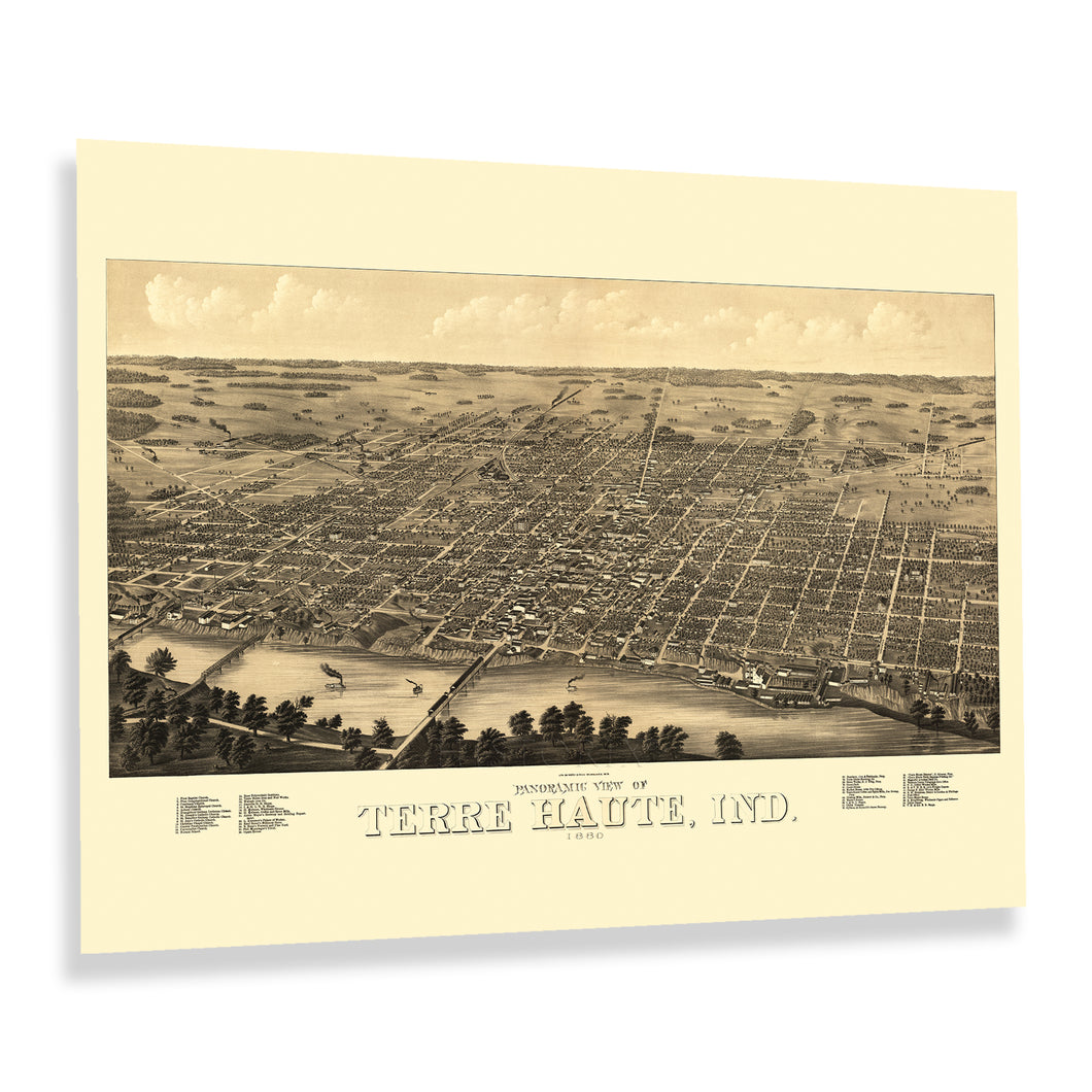 Digitally Restored and Enhanced 1880 Terre Haute Indiana Map Poster - Vintage Panoramic View Map of Terre Haute City Indiana State Wall Art Print
