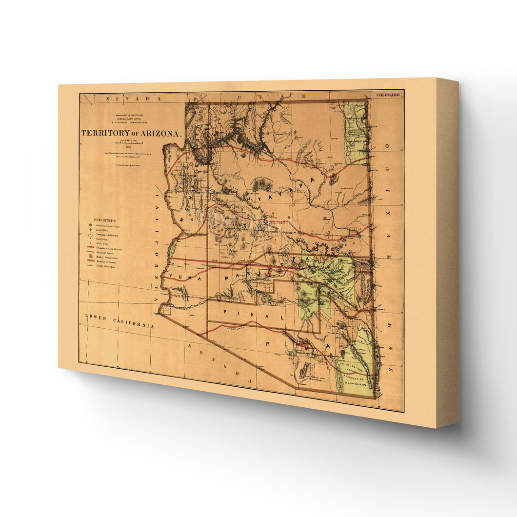 Digitally Restored and Enhanced 1876 Arizona Map Canvas - Canvas Wrap Vintage Arizona Map - Old Arizona Wall Art - History Map of Arizona Territory