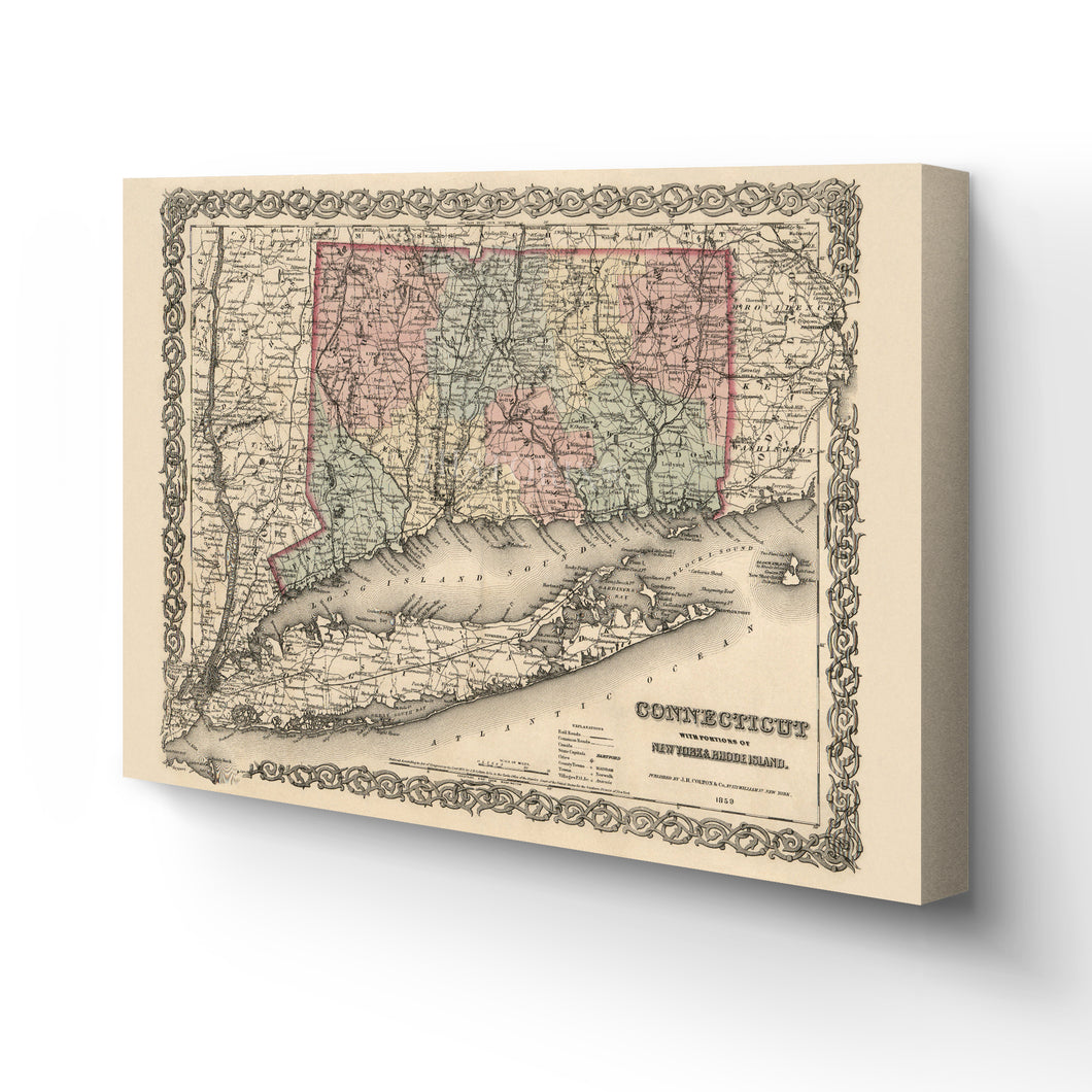 Digitally Restored and Enhanced 1859 Connecticut Map Canvas - Canvas Wrap Vintage Connecticut Wall Art - Old Connecticut State Map - Wall Map of Connecticut Poster - Restored Connecticut Map Art