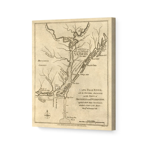 Digitally Restored and Enhanced 1781 Cape Fear River Map Canvas Art - Canvas Wrap Vintage North Carolina Wall Art - Historic Map of NC Poster - Old NC Map Poster - Restored Map of Cape Fear River