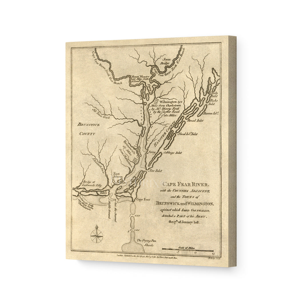 Digitally Restored and Enhanced 1781 Cape Fear River Map Canvas Art - Canvas Wrap Vintage North Carolina Wall Art - Historic Map of NC Poster - Old NC Map Poster - Restored Map of Cape Fear River