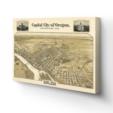 Digitally Restored and Enhanced 1905 Salem Oregon Map Canvas Art - Canvas Wrap Vintage Salem State of Oregon Map - History Map of Oregon Poster - Bird's Eye View of Salem Oregon Wall Art