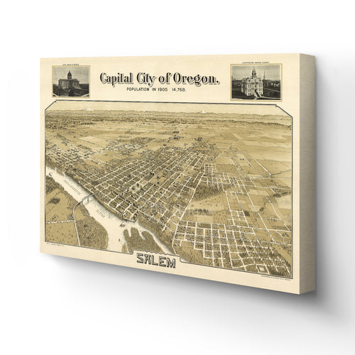 Digitally Restored and Enhanced 1905 Salem Oregon Map Canvas Art - Canvas Wrap Vintage Salem State of Oregon Map - History Map of Oregon Poster - Bird's Eye View of Salem Oregon Wall Art