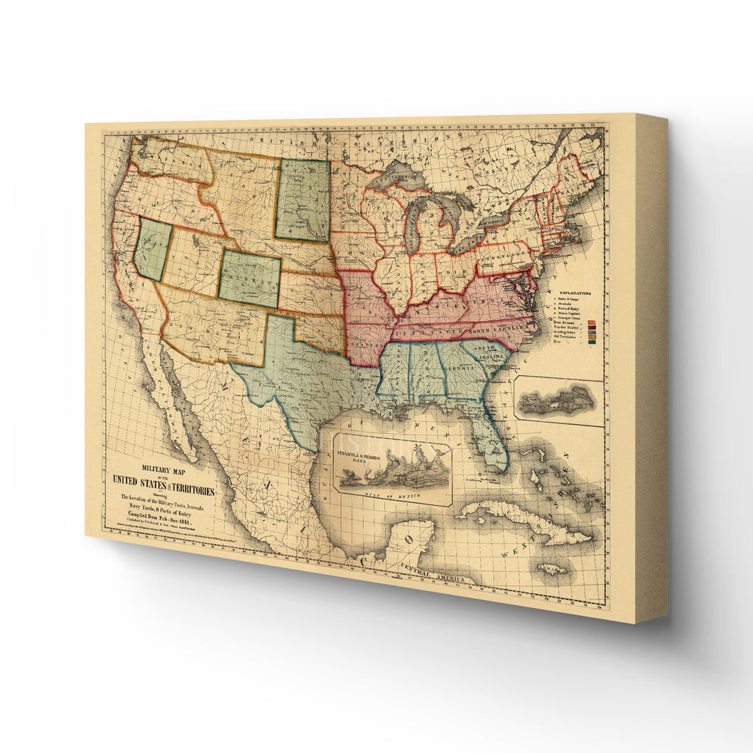 Digitally Restored and Enhanced 1861 United States Map Canvas Art - Canvas Wrap Vintage USA Map Poster - Old Map of United States Wall Art - Restored Military Map of United States & Territories