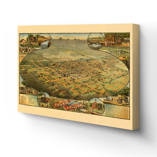 Digitally Restored and Enhanced 1885 Phoenix Arizona Map Canvas - Canvas Wrap Vintage Map of Phoenix Arizona - History Map of Phoenix AZ - Old Maricopa County Map - Bird's Eye View of Phoenix Wall Art