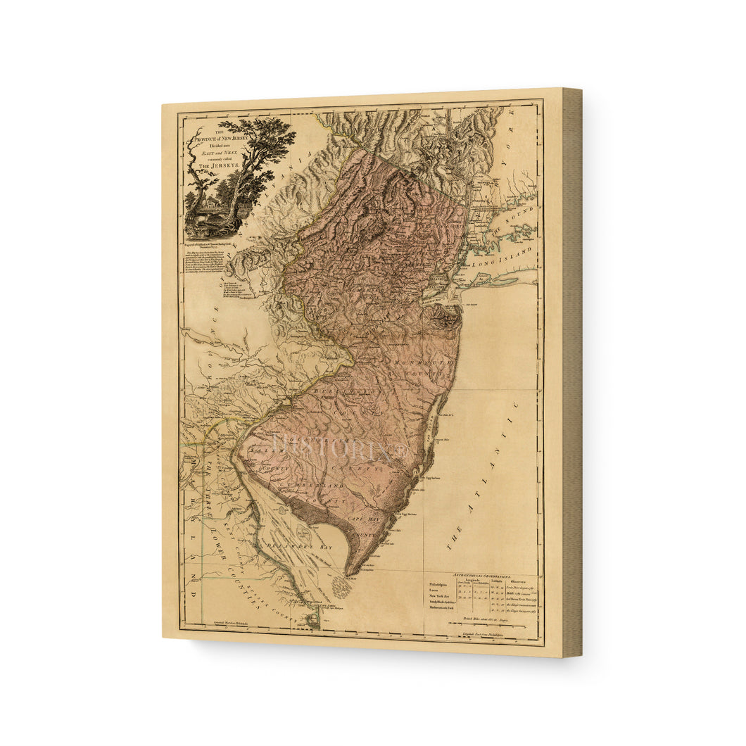 Digitally Restored and Enhanced 1777 New Jersey Map Art - Canvas Wrap Vintage Map of New Jersey - Historic NJ Map - Restored Province of New Jersey Map Divided Into East & West Wall Art Poster