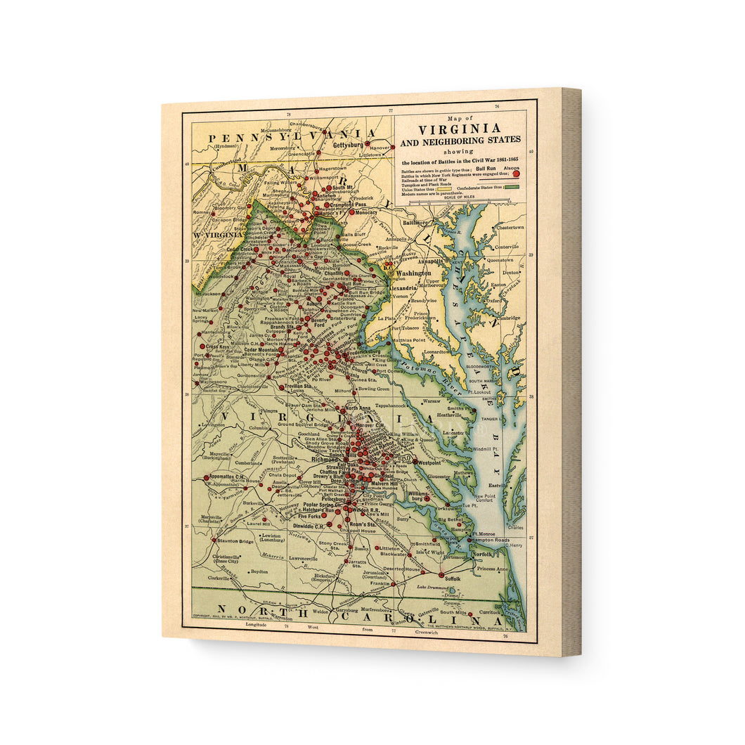 Digitally Restored and Enhanced 1912 Virginia Map Canvas - Canvas Wrap Vintage Virginia Wall Map - Restored Virginia State Map - Map of Virginia Wall Art Showing Location of Battles in Civil War