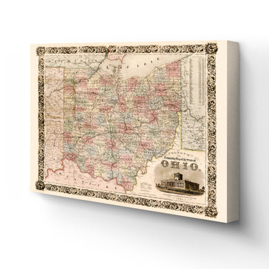 Digitally Restored and Enhanced 1851 Ohio Map Canvas Art - Canvas Wrap Vintage Ohio State Wall Art - Historic Ohio Map Poster - Old Map of Ohio Poster - Township Map of the State of Ohio Wall Map