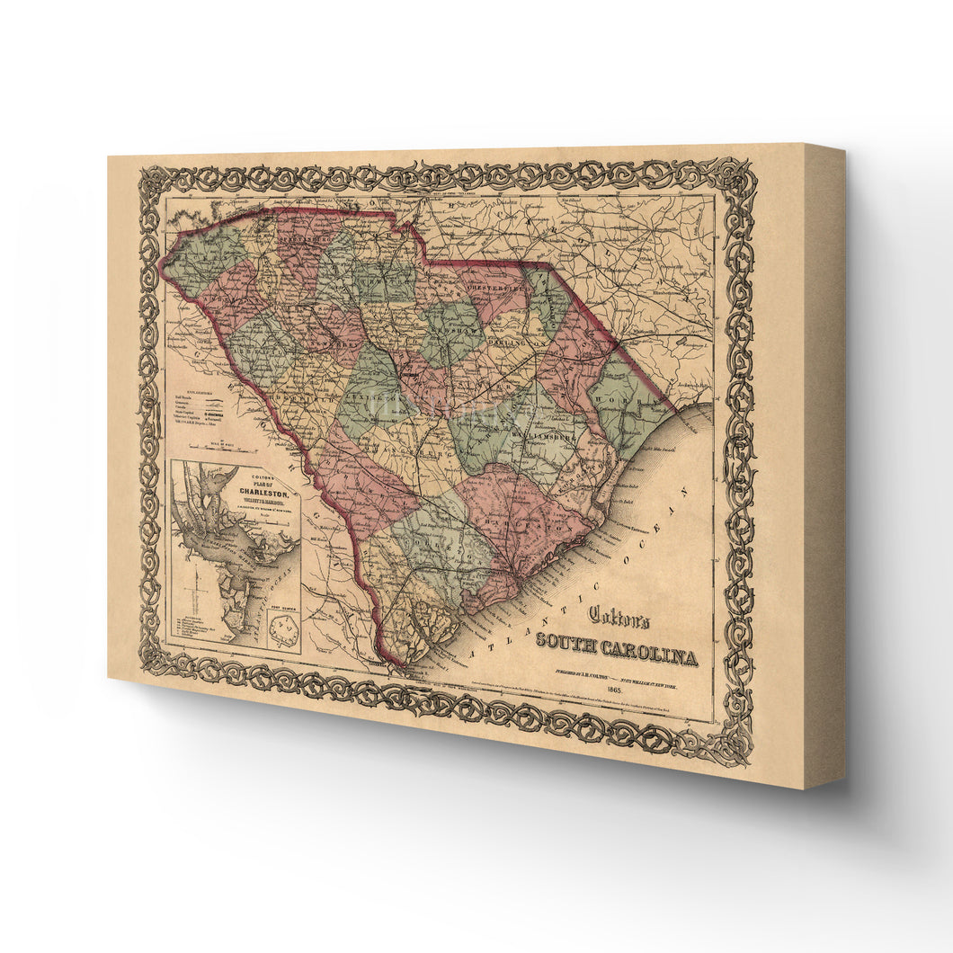 Digitally Restored and Enhanced 1865 South Carolina Map - Canvas Wrap Vintage South Carolina State Map - Old South Carolina Map - Historic Map of SC - Colton's South Carolina Map Wall Art Poster