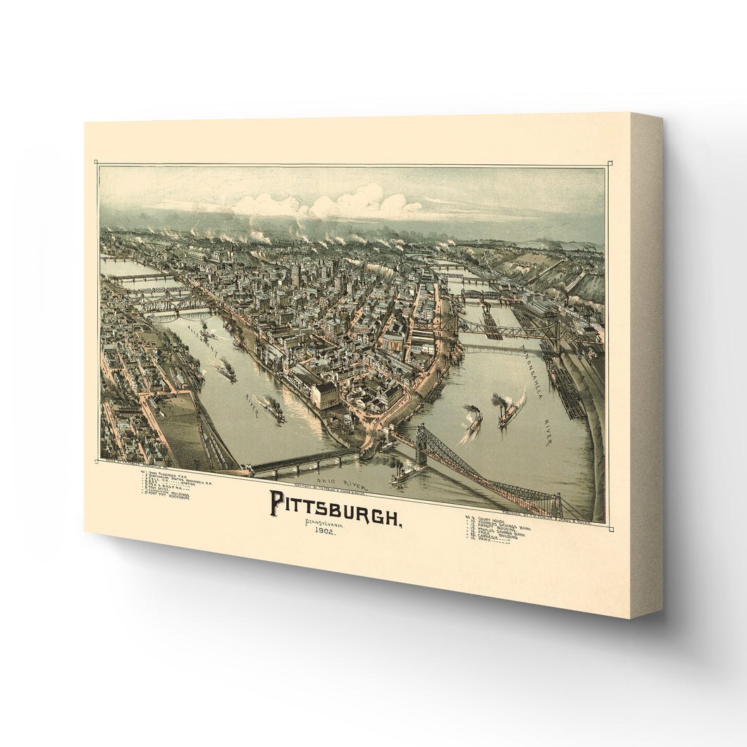 Digitally Restored and Enhanced 1902 Pittsburgh Map Canvas - Canvas Wrap Vintage Pittsburgh Map - Old Pittsburgh Wall Art - Restored Pennsylvania Map - Bird's Eye View Map of Pittsburgh Pennsylvania
