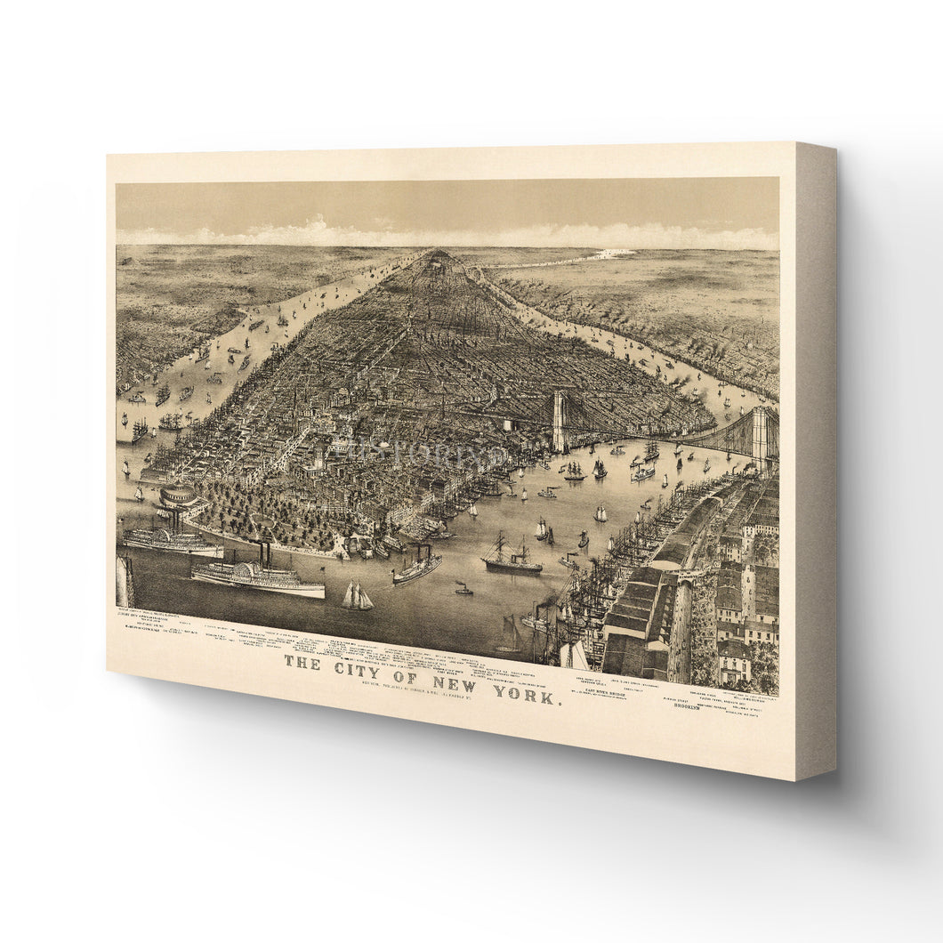 Digitally Restored and Enhanced 1886 New York Map Canvas Art - Canvas Wrap Vintage Map of New York - History Wall Map of New York City - Old Bird's Eye View of New York City Wall Art Poster