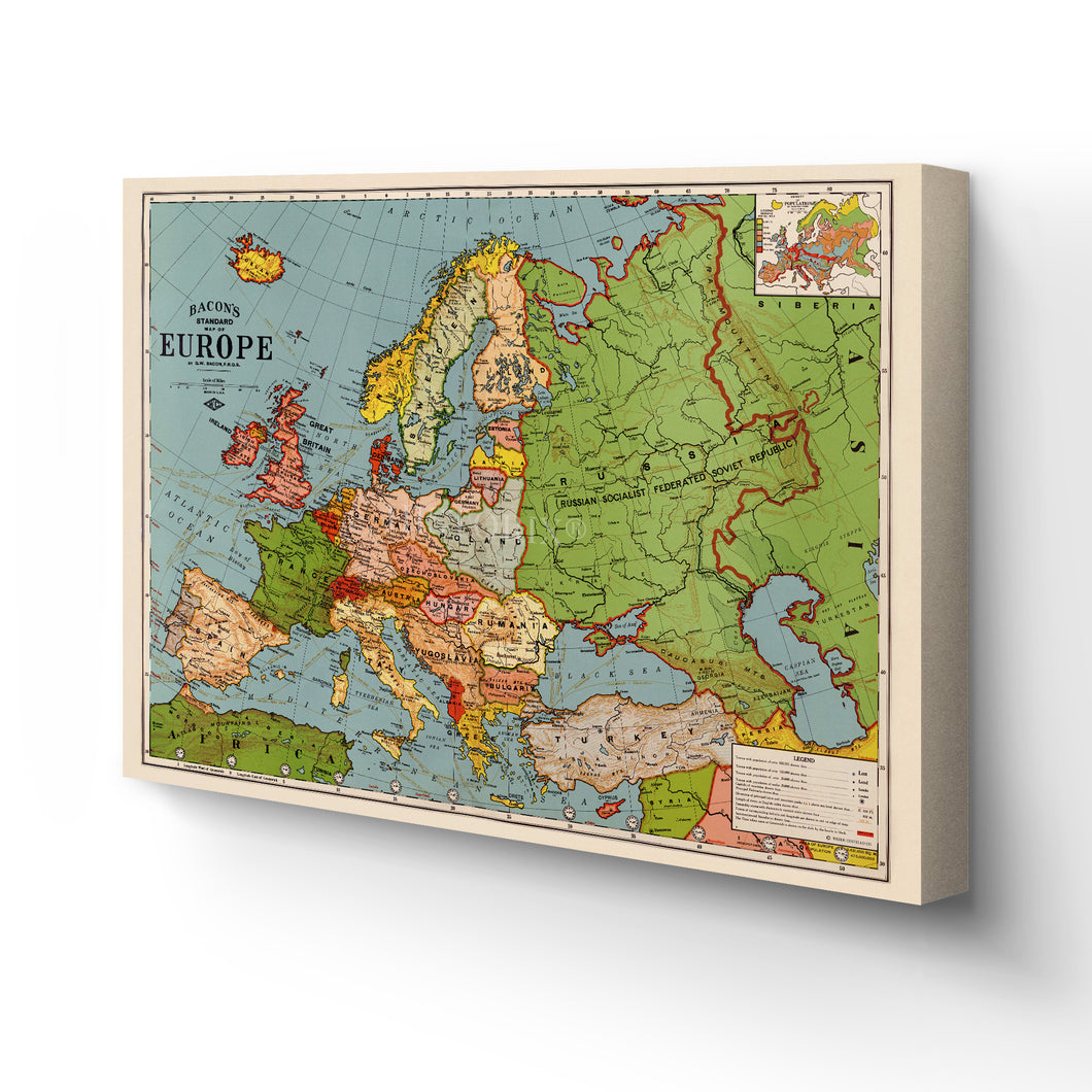 Digitally Restored and Enhanced 1925 Europe Map Canvas Art - Canvas Wrap Vintage Map of Europe Wall Art - Old Map Of Europe - Historic Wall Map of Europe - Restored Bacon's Standard Europe Map Poster